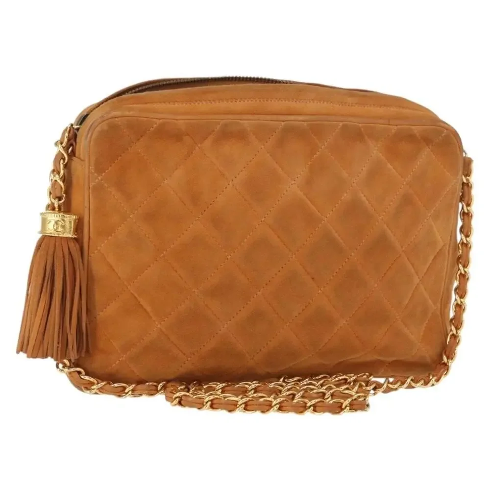 Chanel Matelasse Suede Chain Shoulder Bag Beige